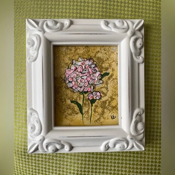 Original flower acrylic painting, abstract. Ornate White Frame  4x4.25 inches - Picture 8 of 11